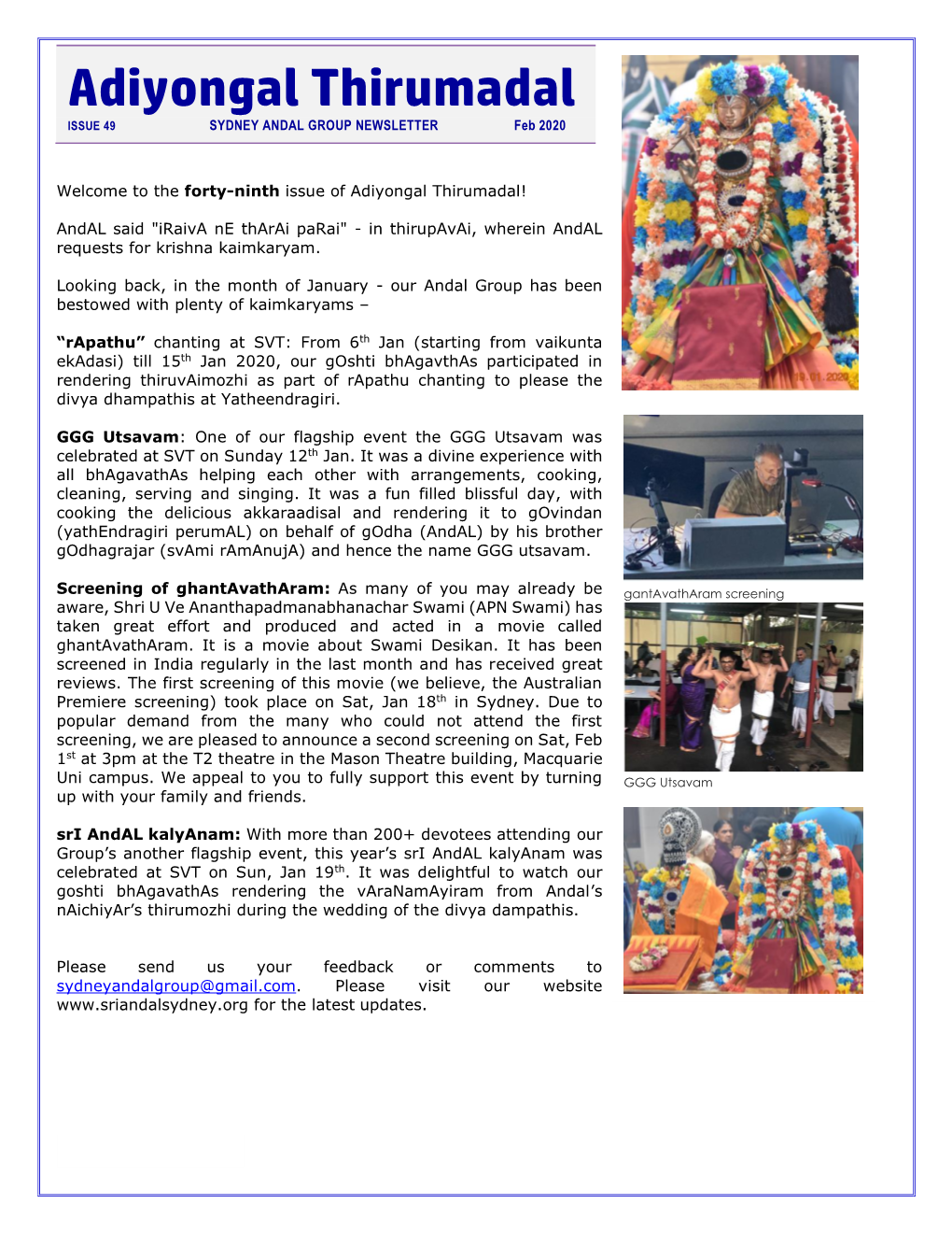 Adiyongal Thirumadal ISSUE 49 SYDNEY ANDAL GROUP NEWSLETTER Feb 2020