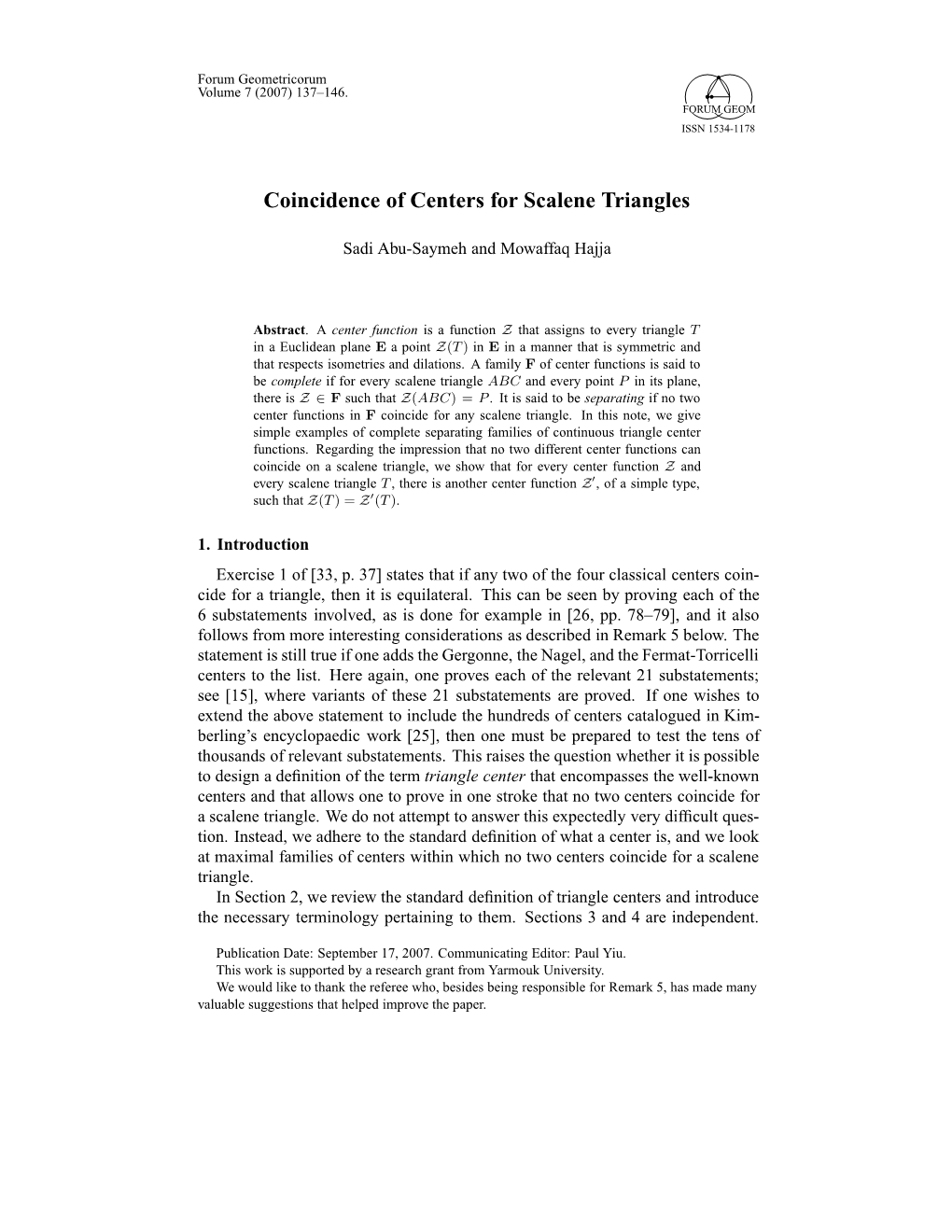 Coincidence of Centers for Scalene Triangles