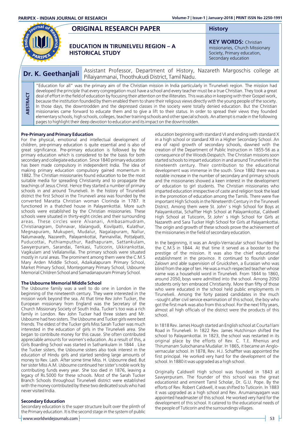 ORIGINAL RESEARCH PAPER Dr. K. Geethanjali