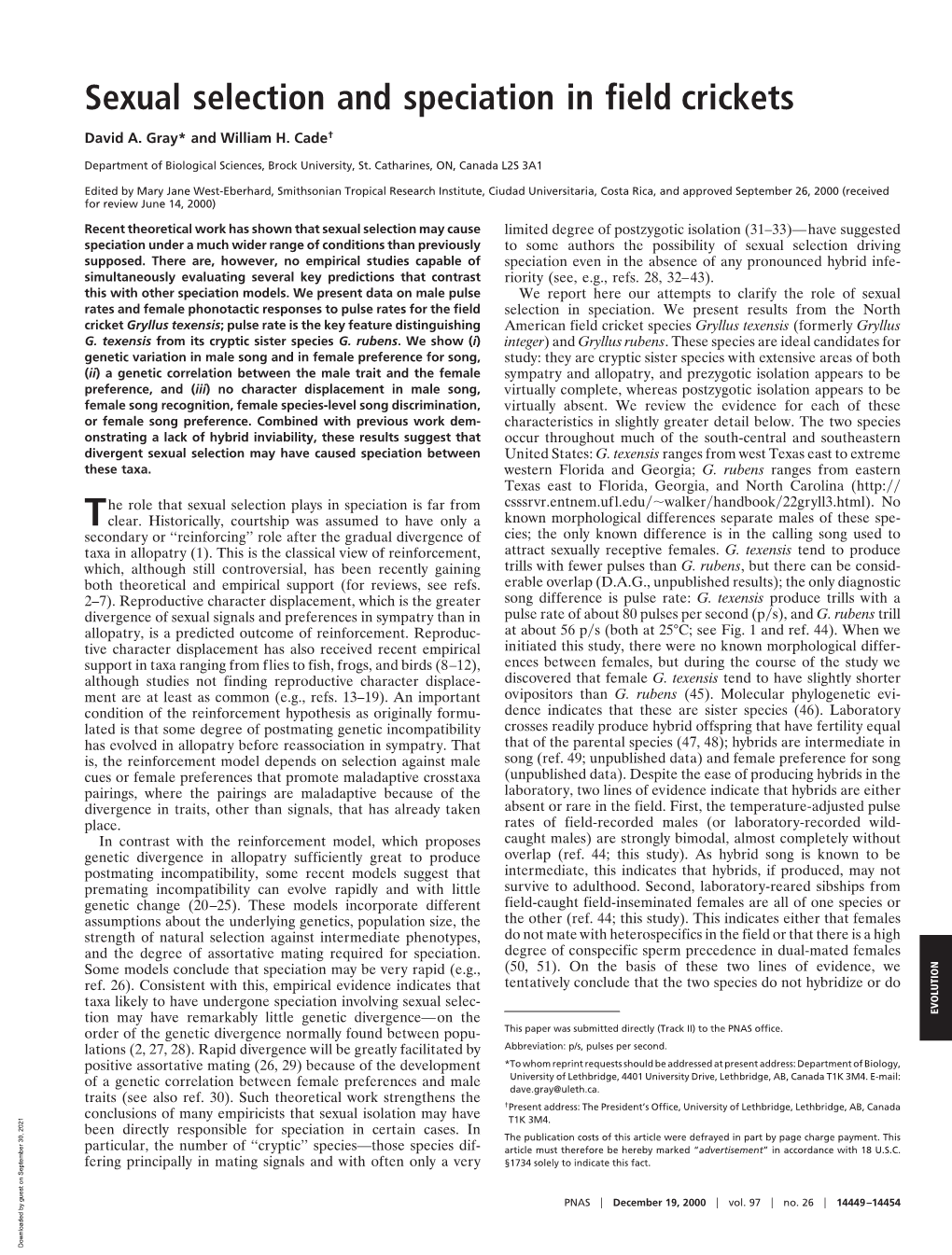 Sexual Selection and Speciation in Field Crickets