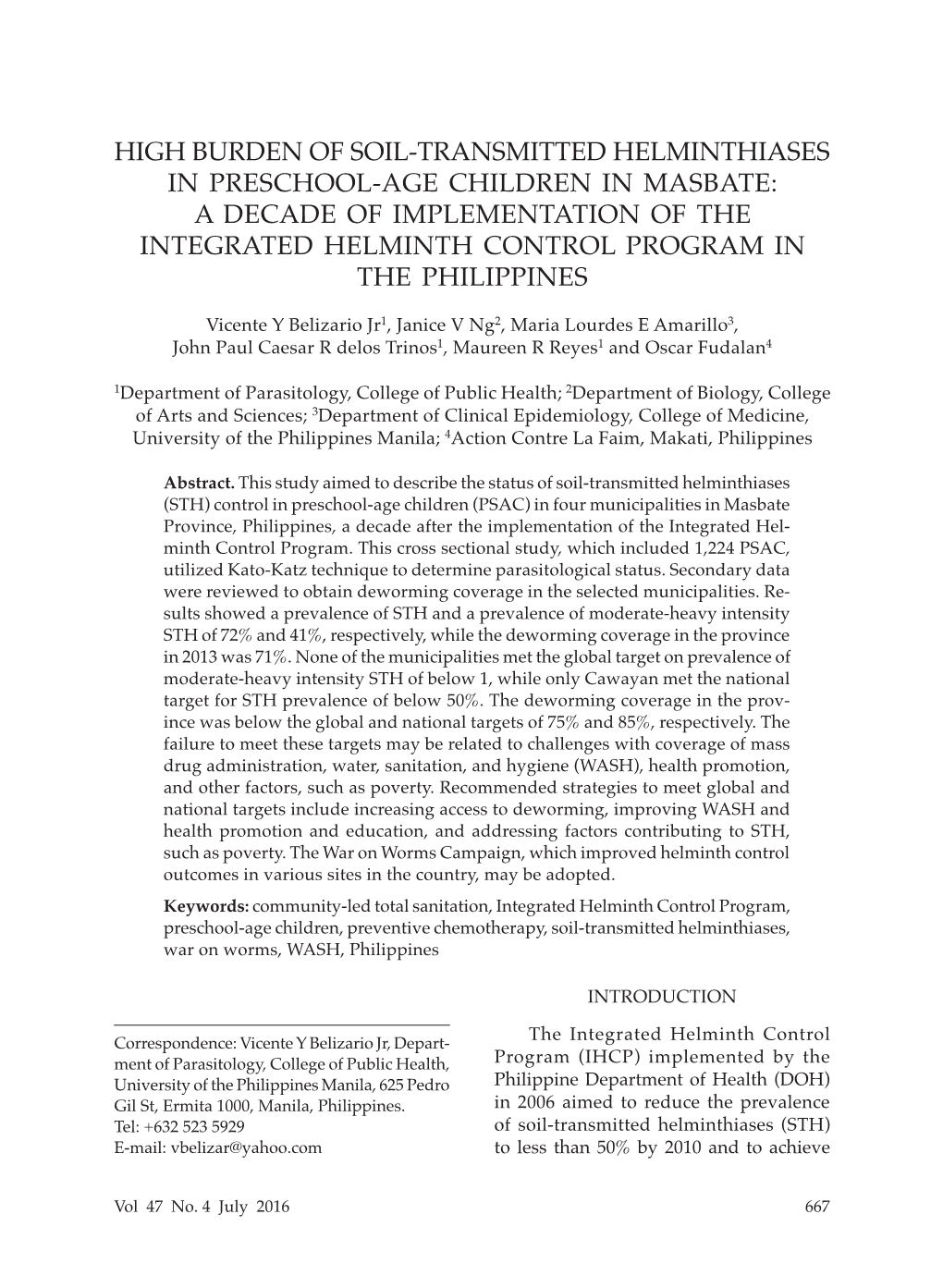 High Burden of Soil-Transmitted Helminthiases in Preschool-Age Children in Masbate