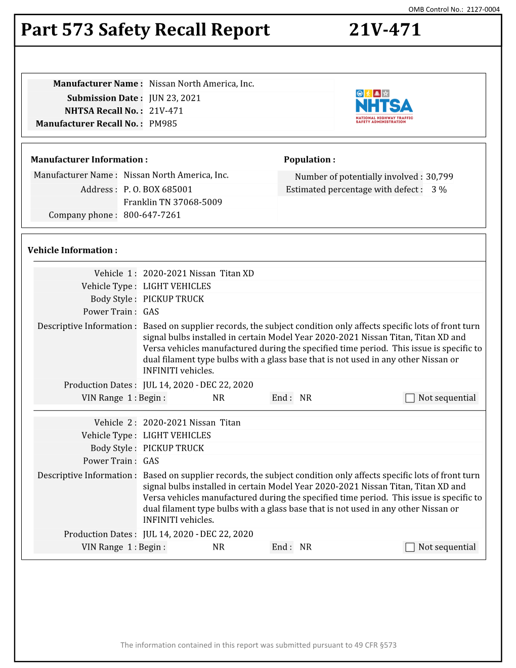 Part 573 Safety Recall Report 21V-471
