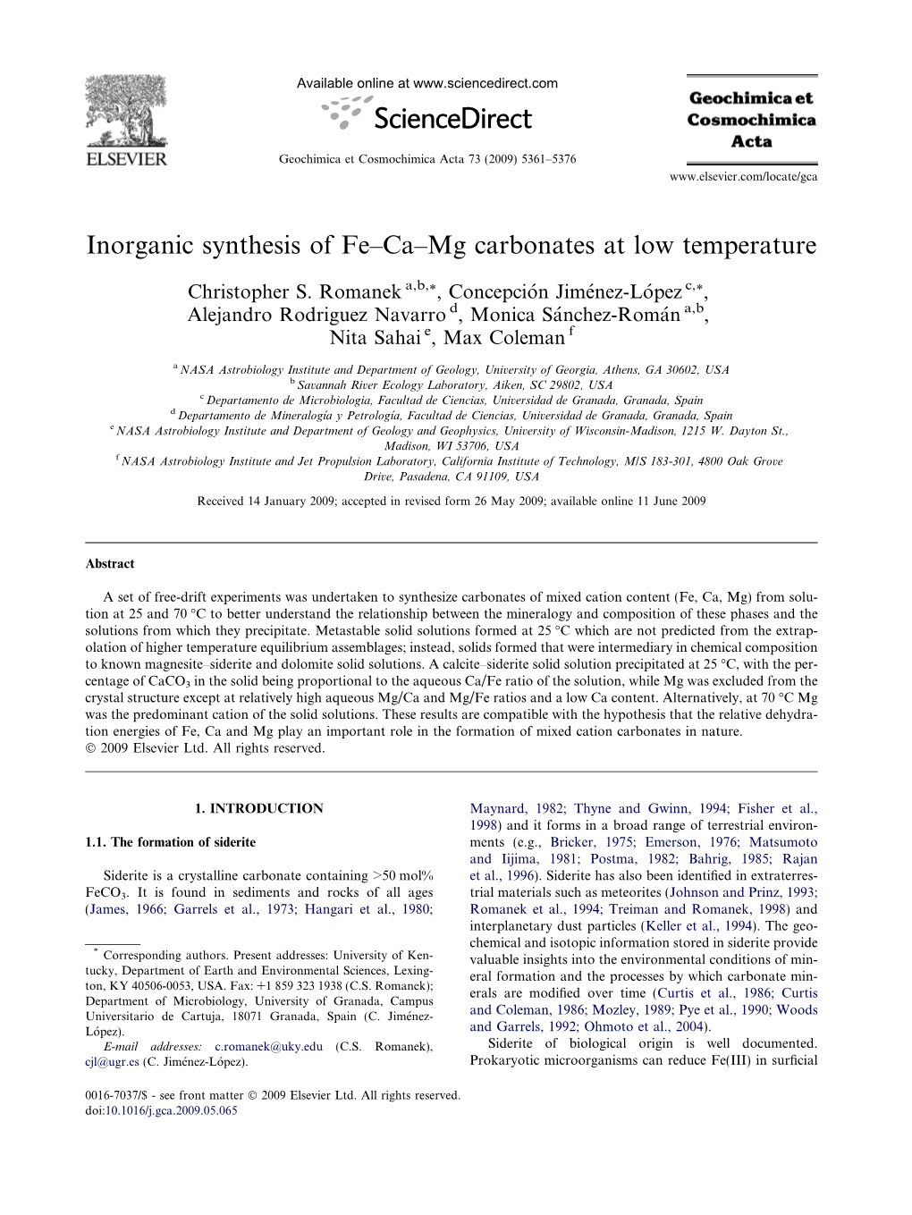 Inorganic Synthesis of Fe–Ca–Mg Carbonates at Low Temperature