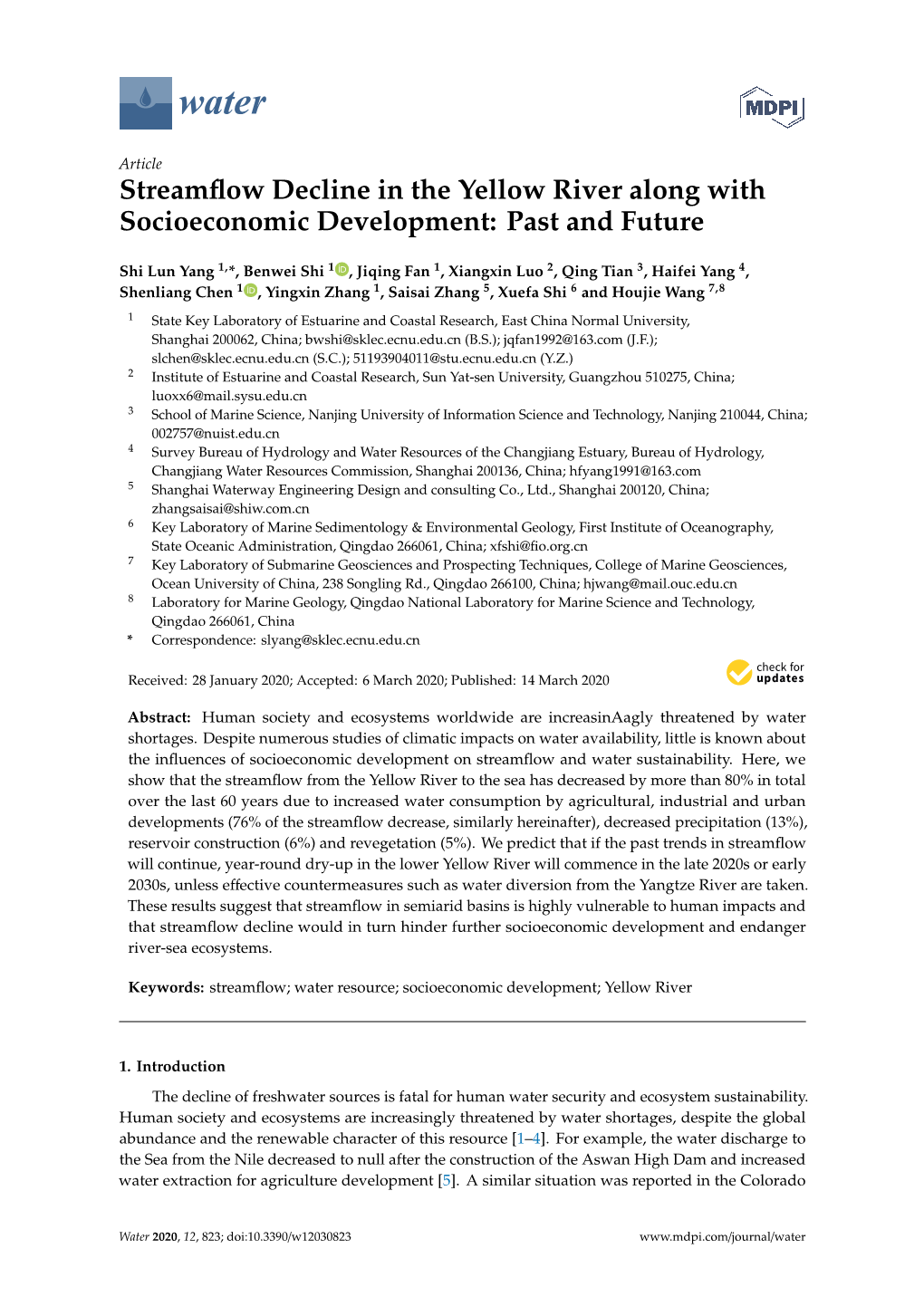 Streamflow Decline in the Yellow River Along with Socioeconomic