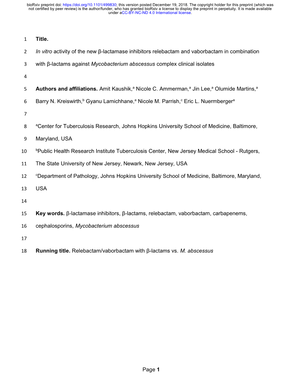 Title. 1 in Vitro Activity of the New Β-Lactamase Inhibitors Relebactam