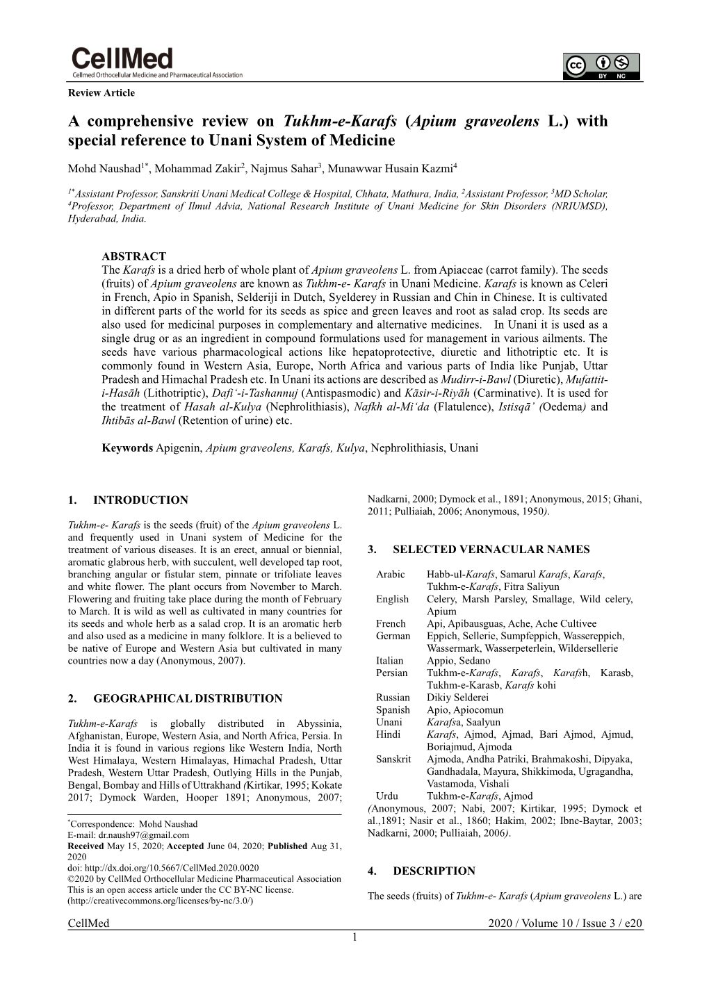 Apium Graveolens L.) with Special Reference to Unani System of Medicine