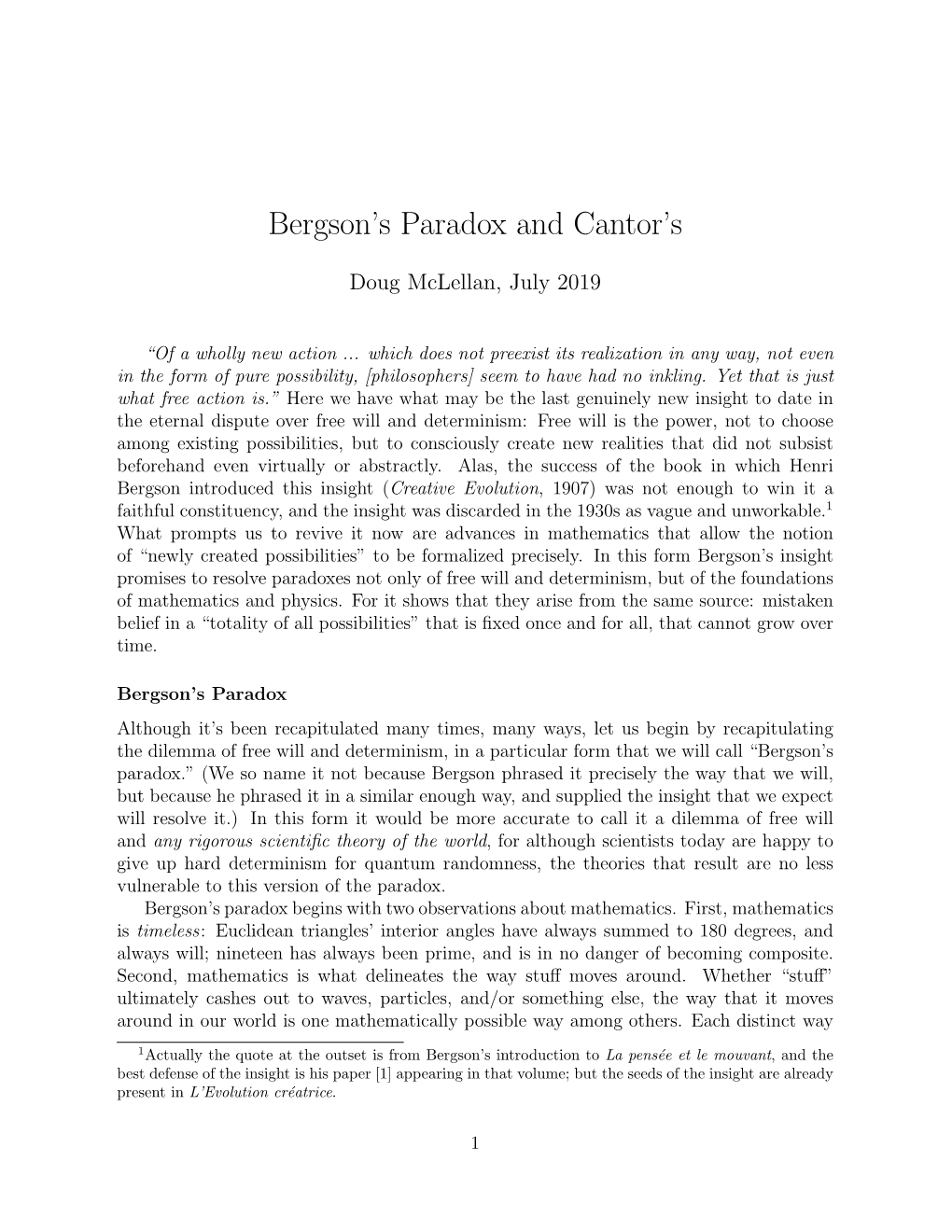 Bergson's Paradox and Cantor's