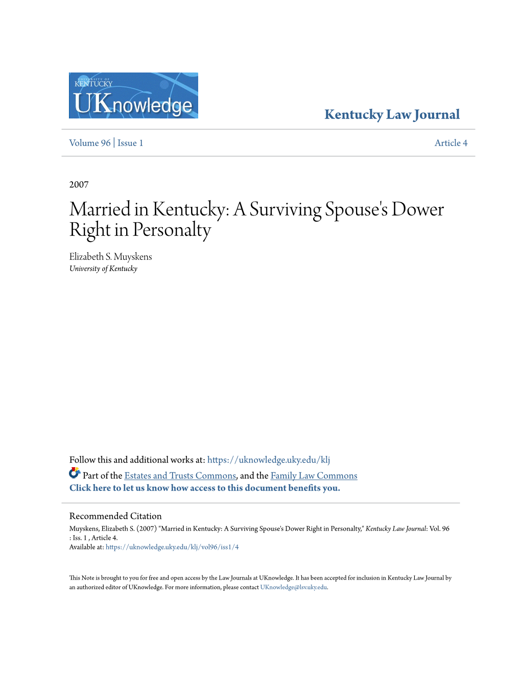 Married in Kentucky: a Surviving Spouse's Dower Right in Personalty Elizabeth S