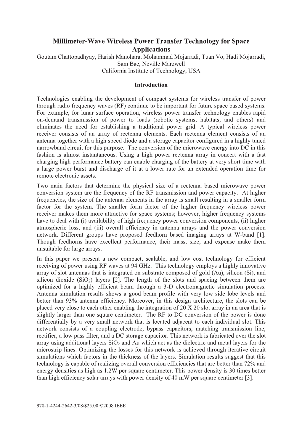 Millimeter-Wave Wireless Power Transfer Technology for Space