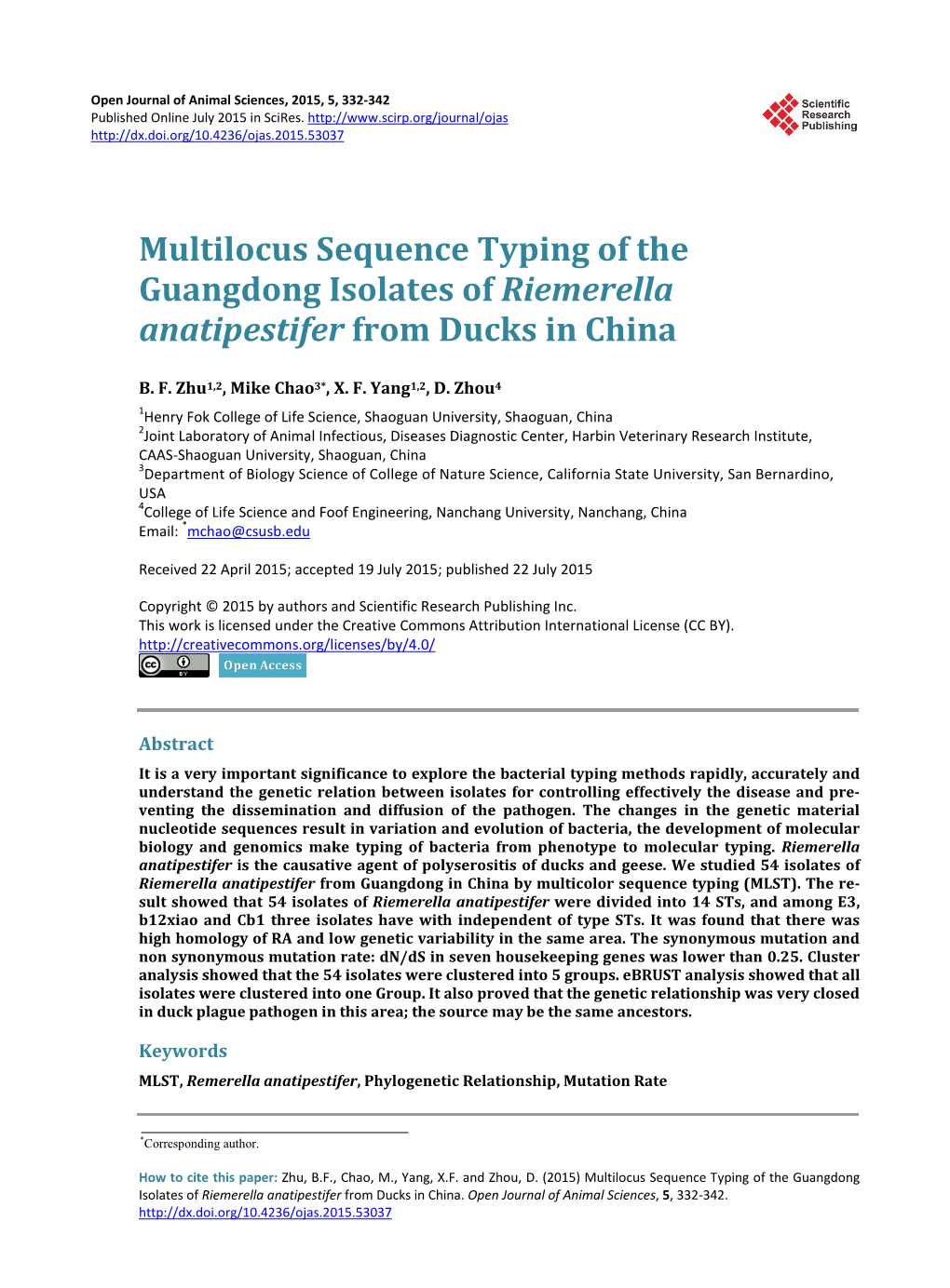 Multilocus Sequence Typing of the Guangdong Isolates of Riemerella Anatipestifer from Ducks in China