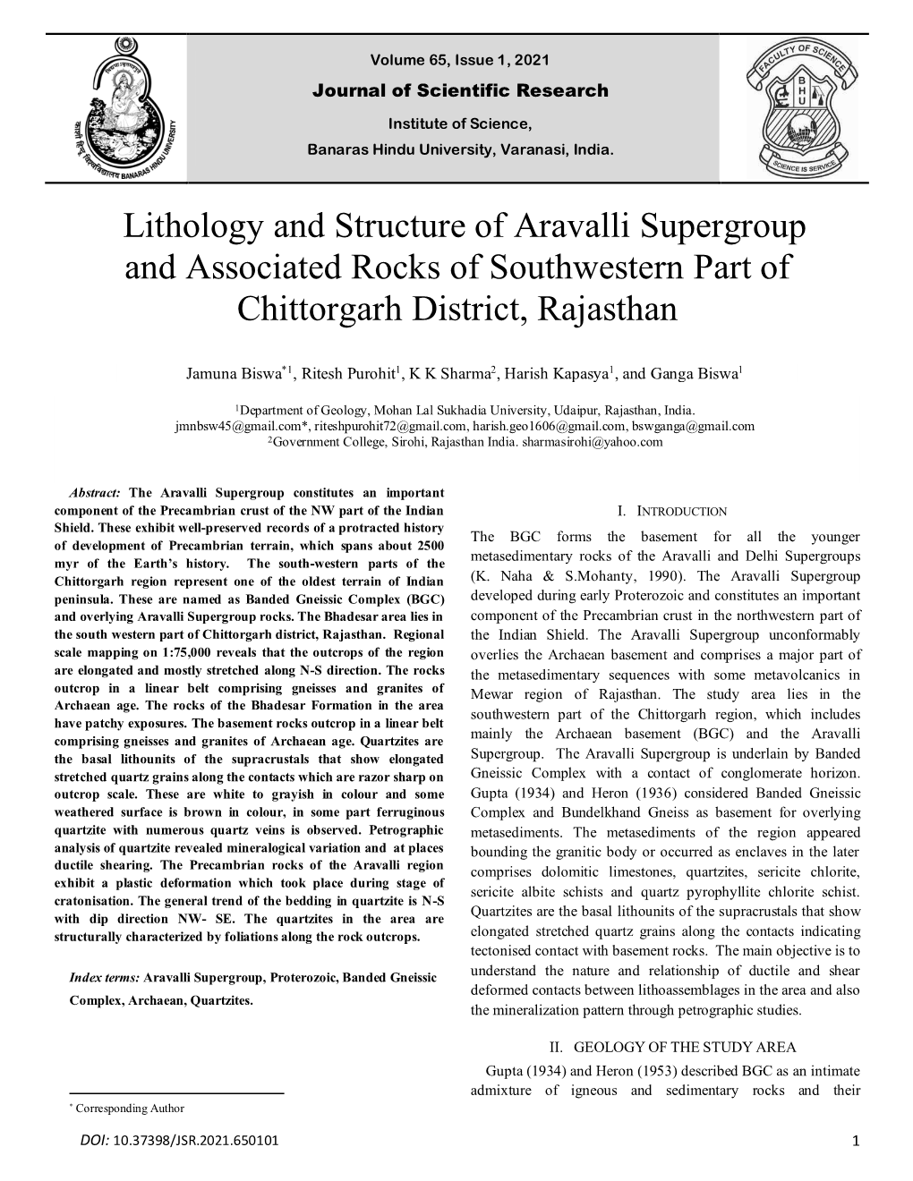 Lithology and Structure of Aravalli Supergroup and Associated Rocks of Southwestern Part of Chittorgarh District, Rajasthan