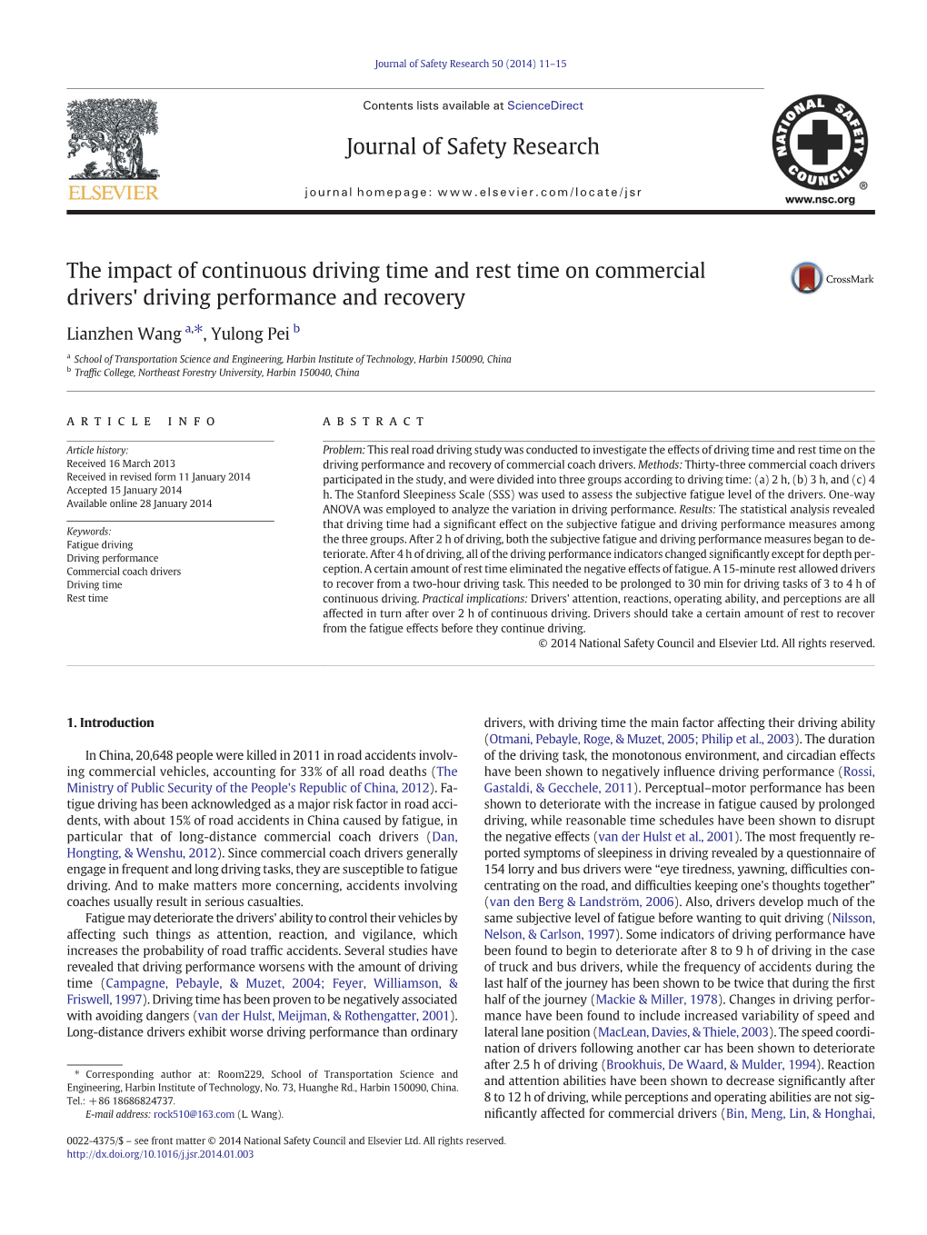 The Impact of Continuous Driving Time and Rest Time on Commercial Drivers' Driving Performance and Recovery