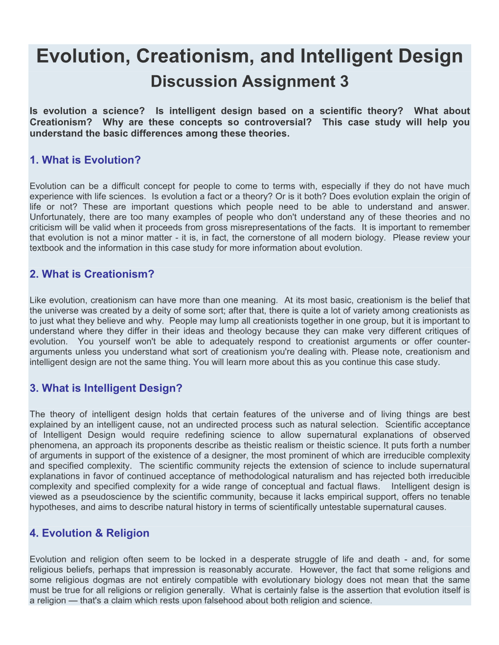 Evolution, Creationism, and Intelligent Design Discussion Assignment 3