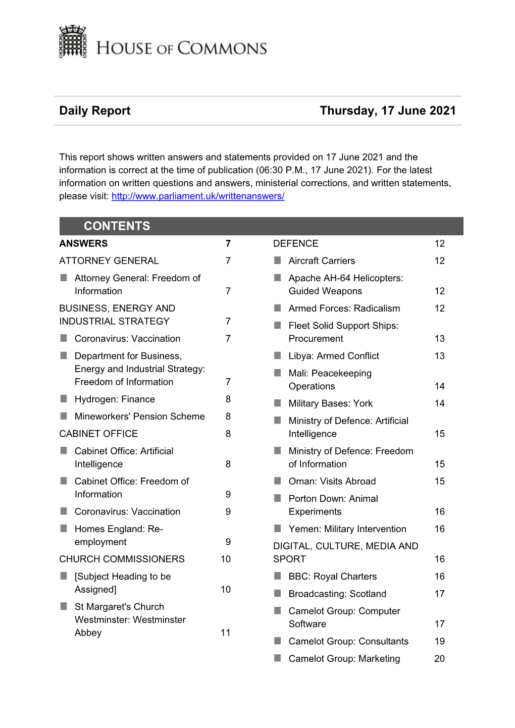 Daily Report Thursday, 17 June 2021 CONTENTS