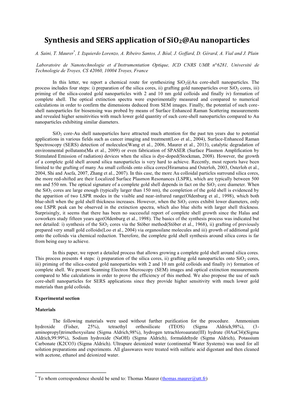 Synthesis and SERS Application of Sio2@Au Nanoparticles