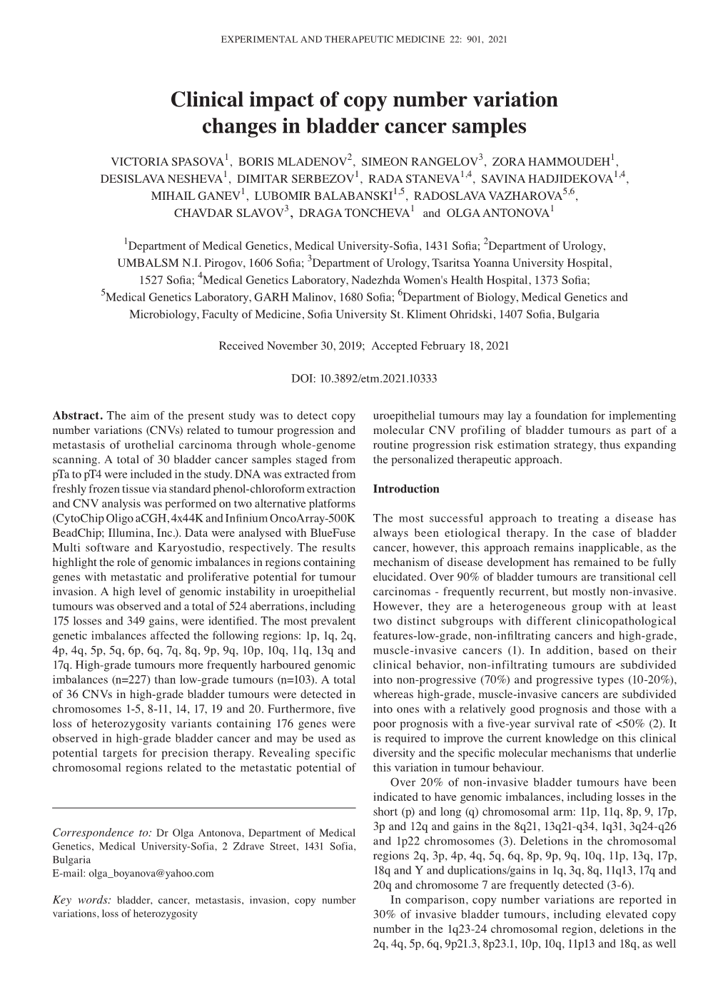 Clinical Impact of Copy Number Variation Changes in Bladder Cancer Samples