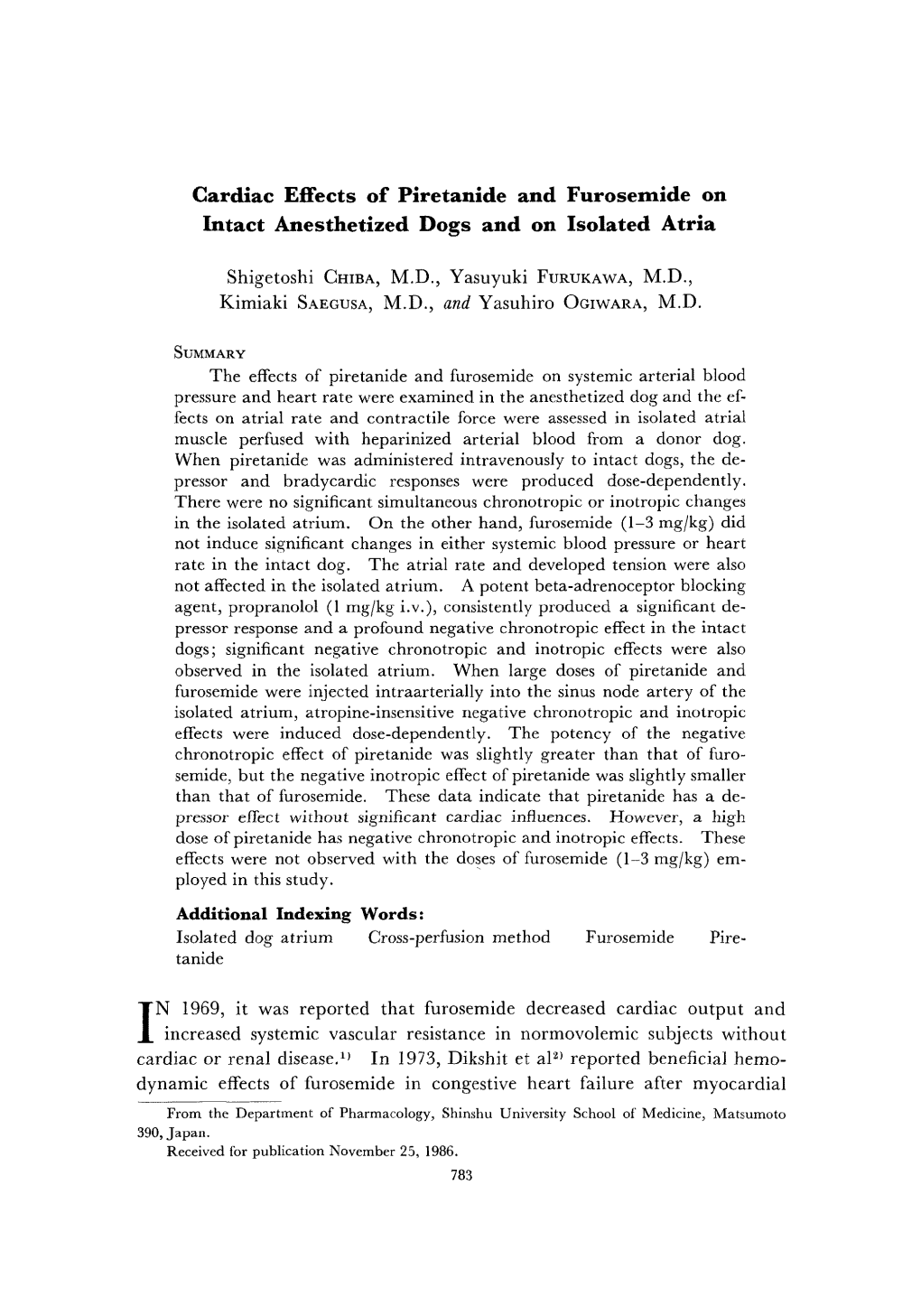 SUMMARY the Effects of Piretanide and Furosemide on Systemic Arterial