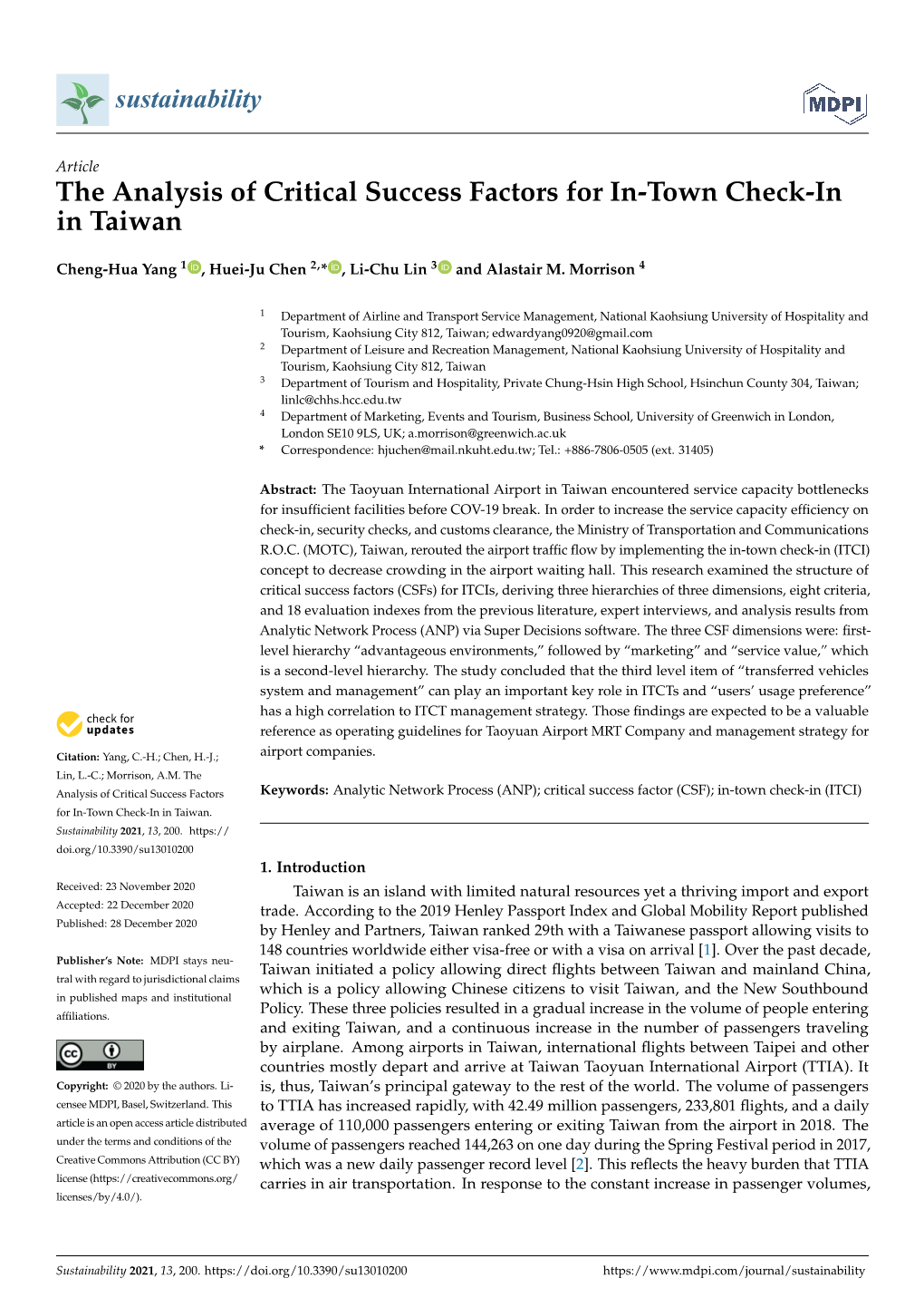 The Analysis of Critical Success Factors for In-Town Check-In in Taiwan