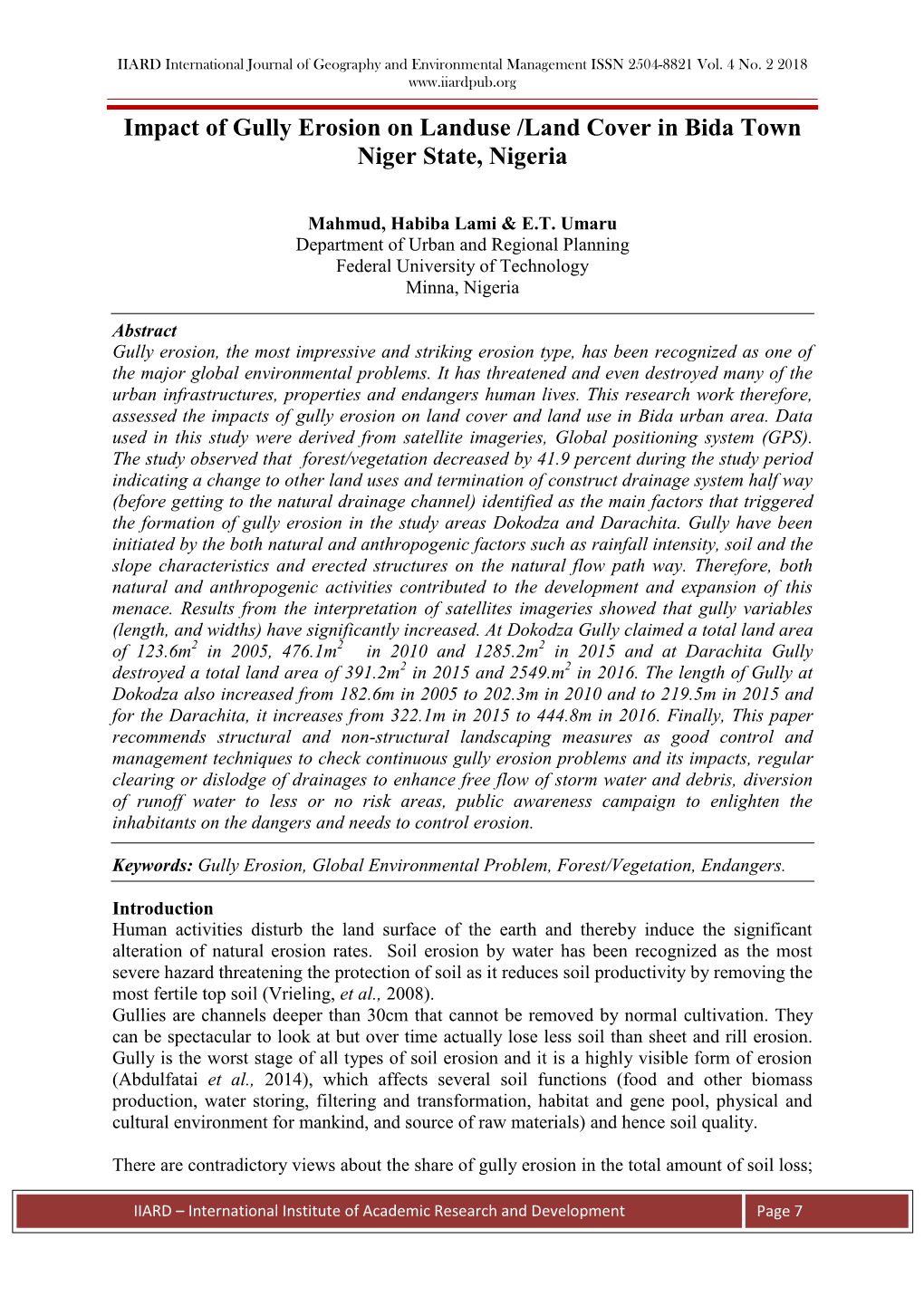 Impact of Gully Erosion on Landuse /Land Cover in Bida Town Niger State, Nigeria