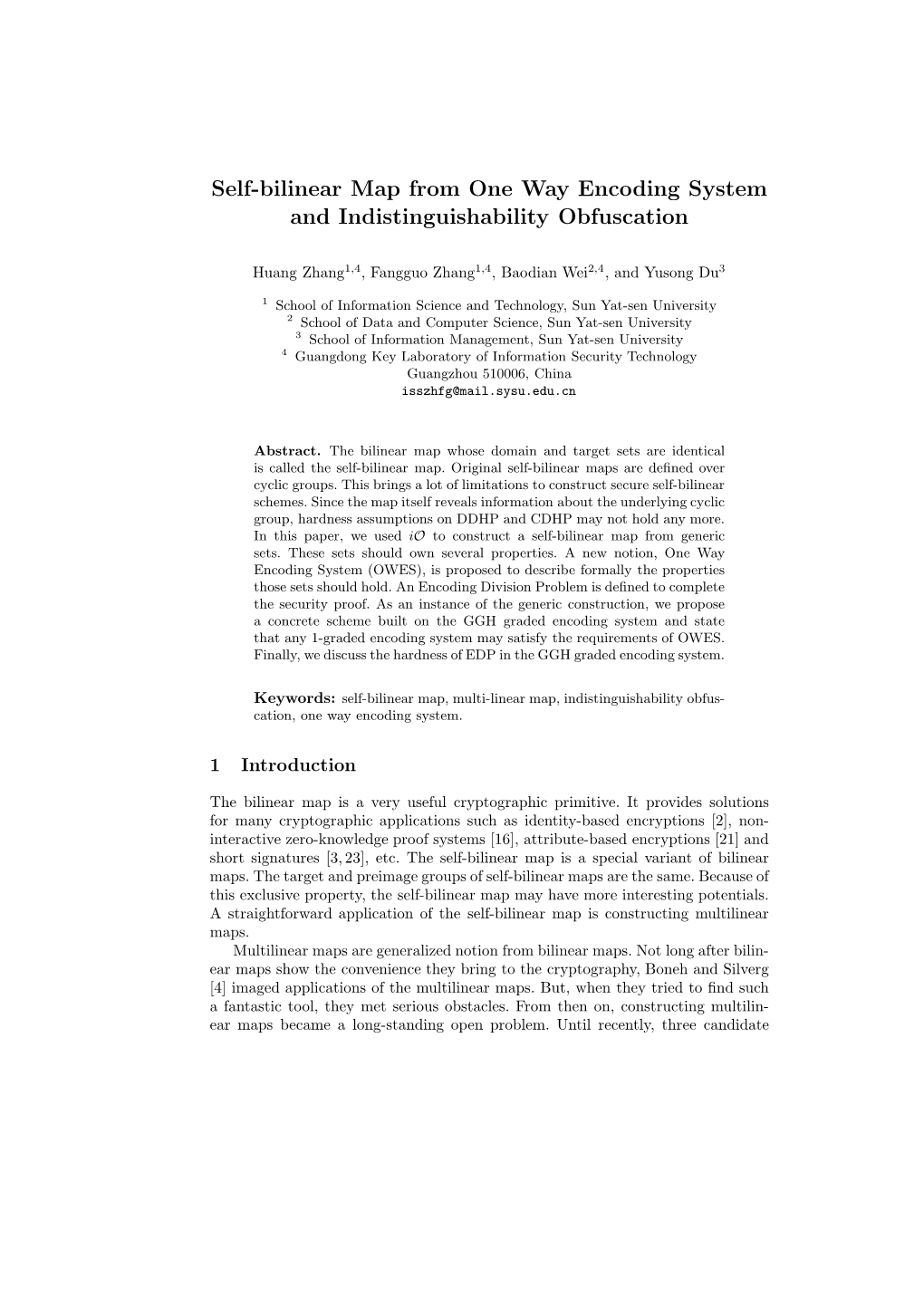 Self-Bilinear Map from One Way Encoding System and Indistinguishability Obfuscation