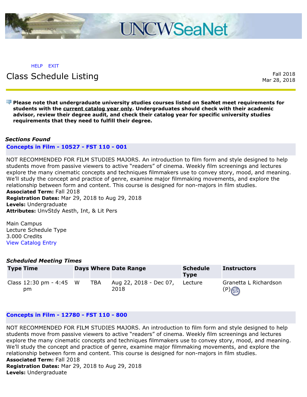 Class Schedule Listing Mar 28, 2018