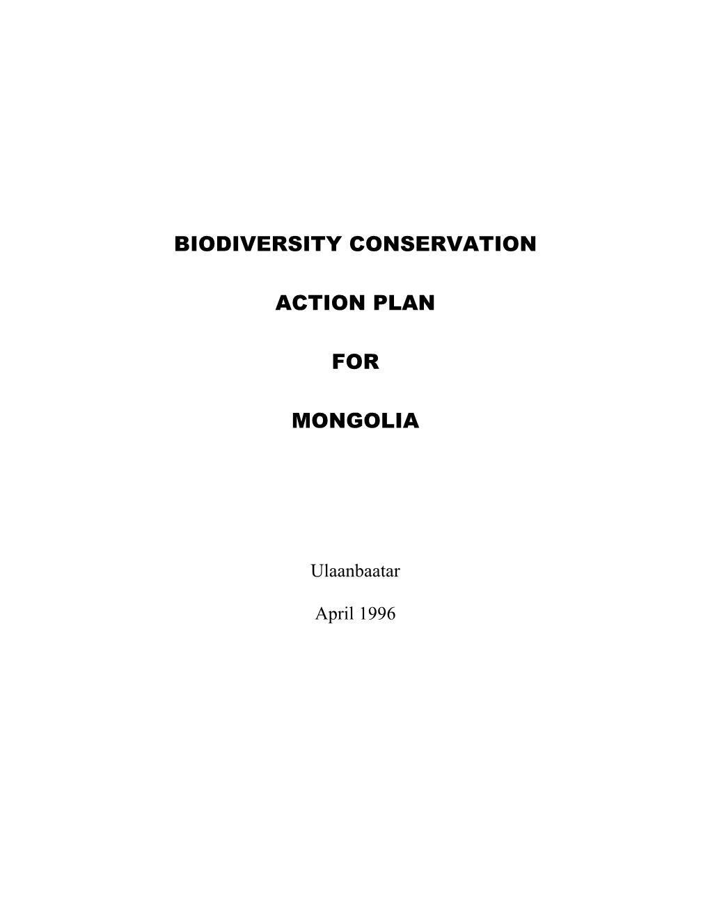 Biodiversity Conservation Action Plan for Mongolia