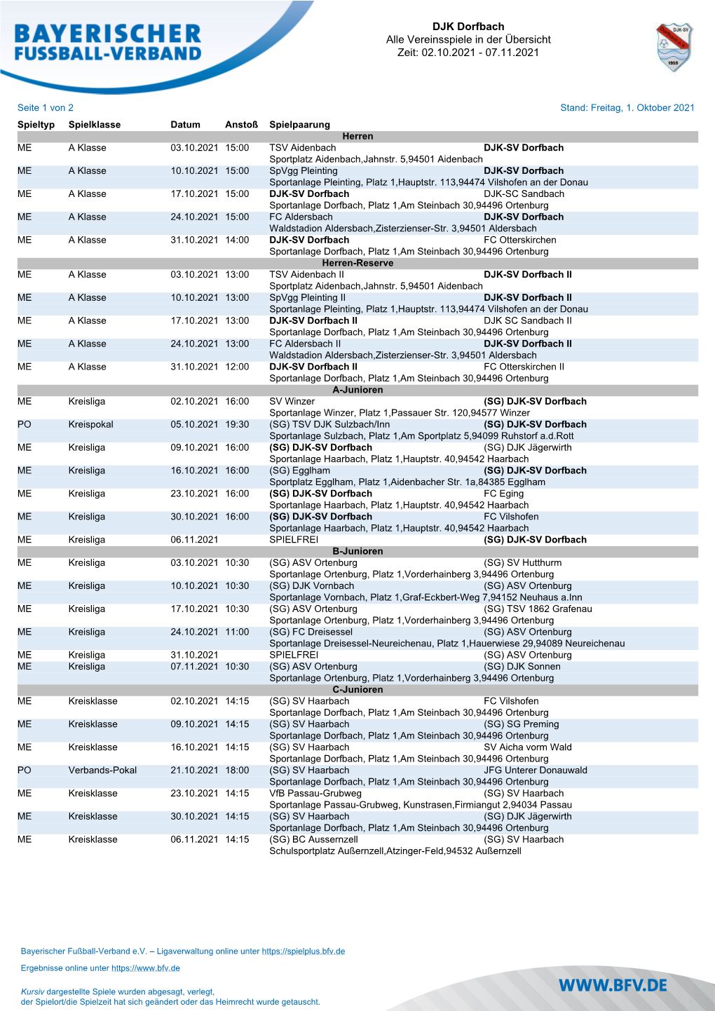 DJK Dorfbach Alle Vereinsspiele in Der Übersicht Zeit: 02.10.2021 - 07.11.2021