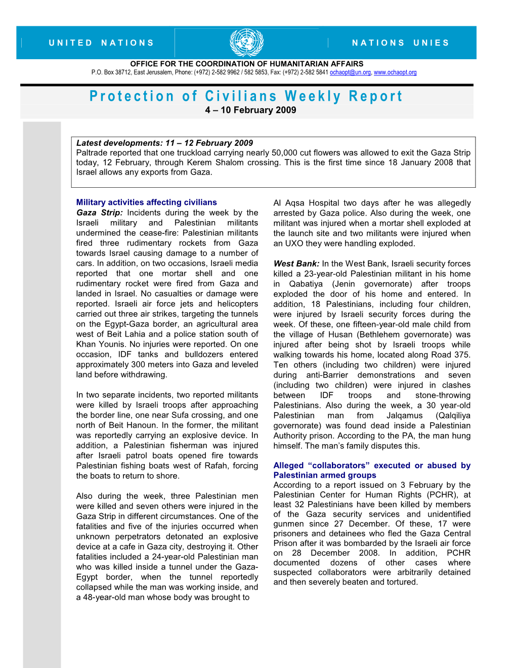 Protection of Civilians Weekly Report 4 – 10 February 2009