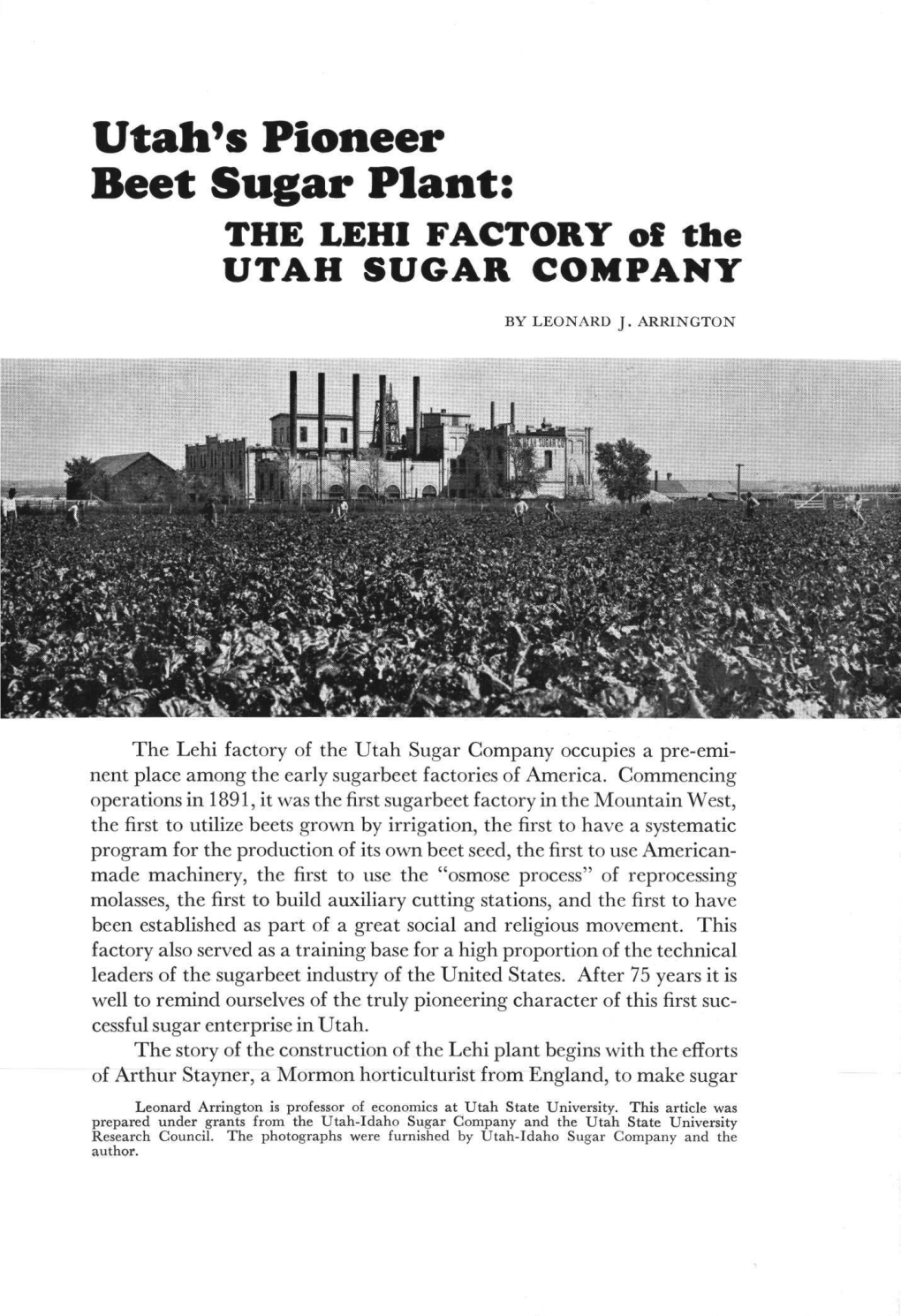 Utah's Pioneer Beet Sugar Plant: the LEHI FACTORY of the UTAH SUGAR COMPANY