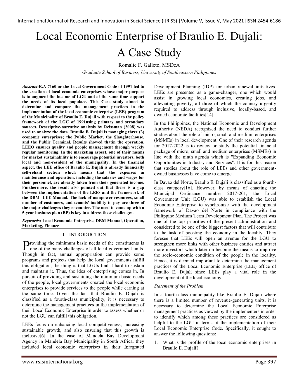 Local Economic Enterprise of Braulio E. Dujali:A Case Study