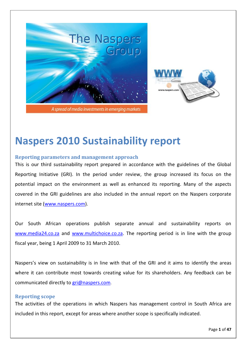 Naspers 2010 Sustainability Report