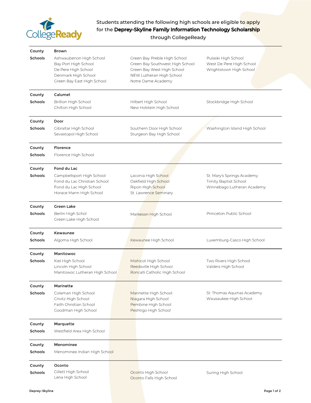 Students Attending the Following High Schools Are Eligible to Apply for the Deprey-Skyline Family Information Technology Scholarship Through Collegeready