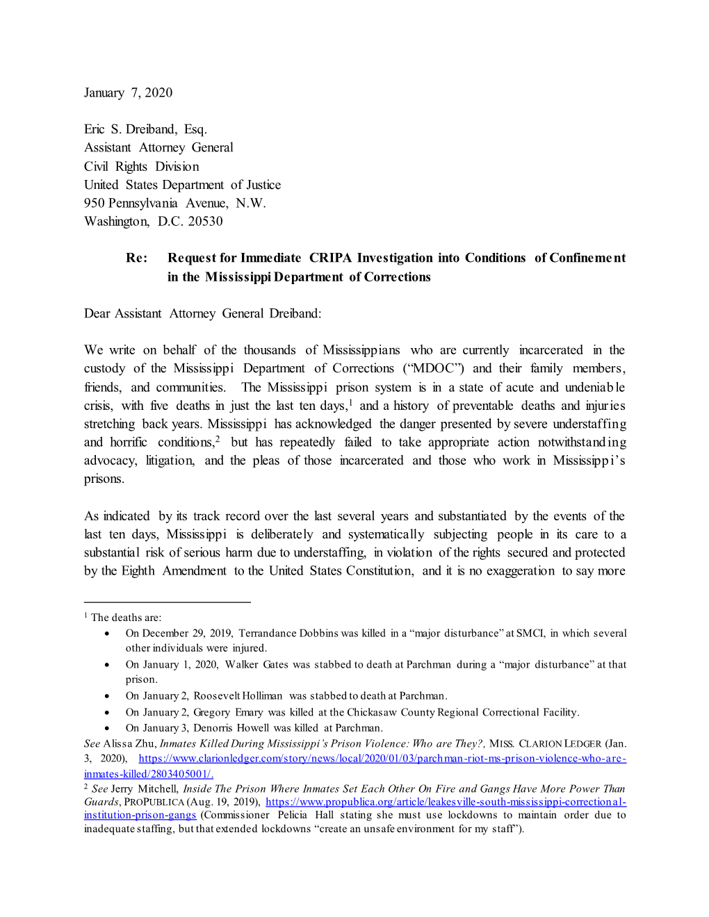 Letters from Kevin Ring, President, Families Against Mandatory Minimums, to Assistant Attorney General Eric Dreiband (Nov