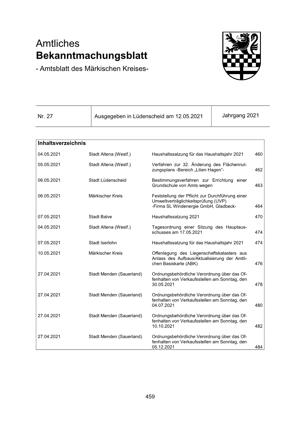 Amtliches Bekanntmachungsblatt - Amtsblatt Des Märkischen Kreises