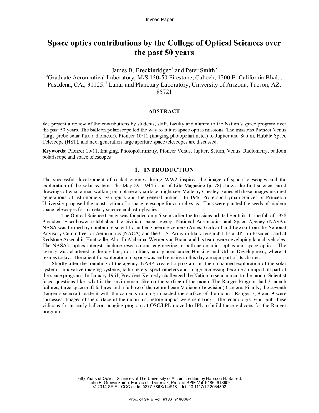 Space Optics Contributions by the College of Optical Sciences Over the Past 50 Years