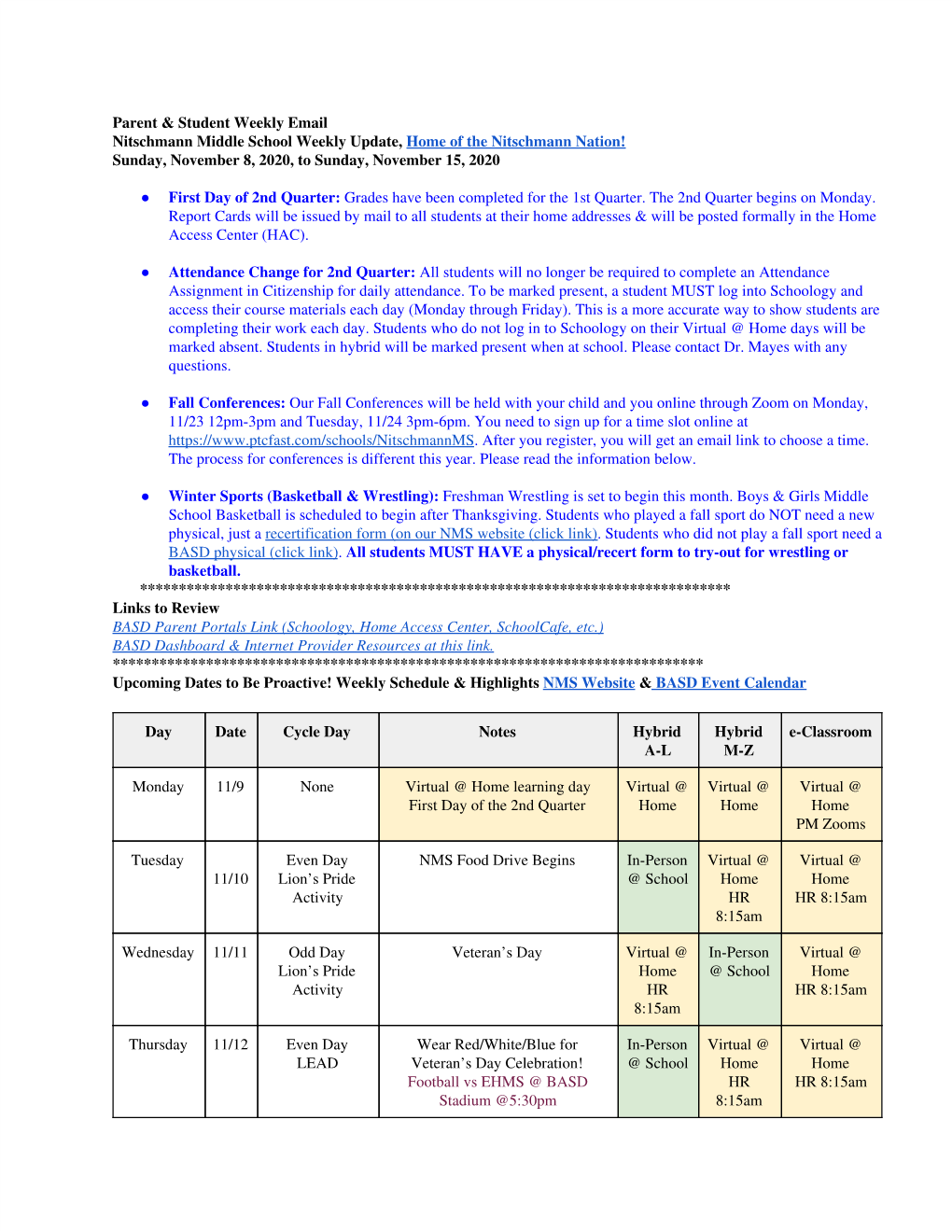 Parent & Student Weekly Email Nitschmann Middle School Weekly