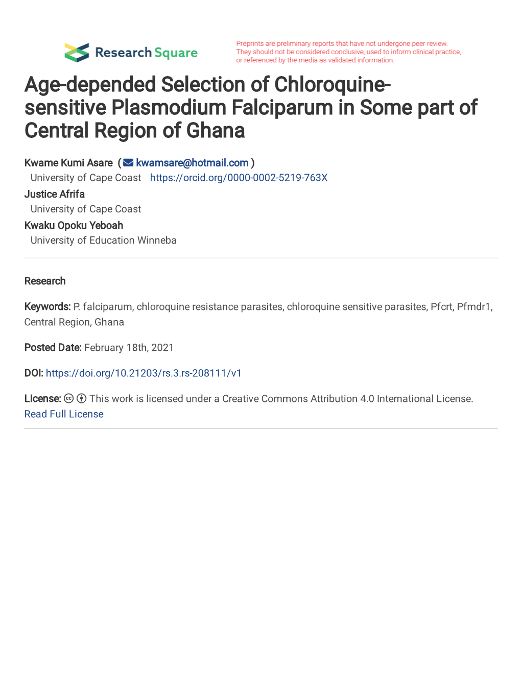 Age-Depended Selection of Chloroquine-Sensitive Plasmodium