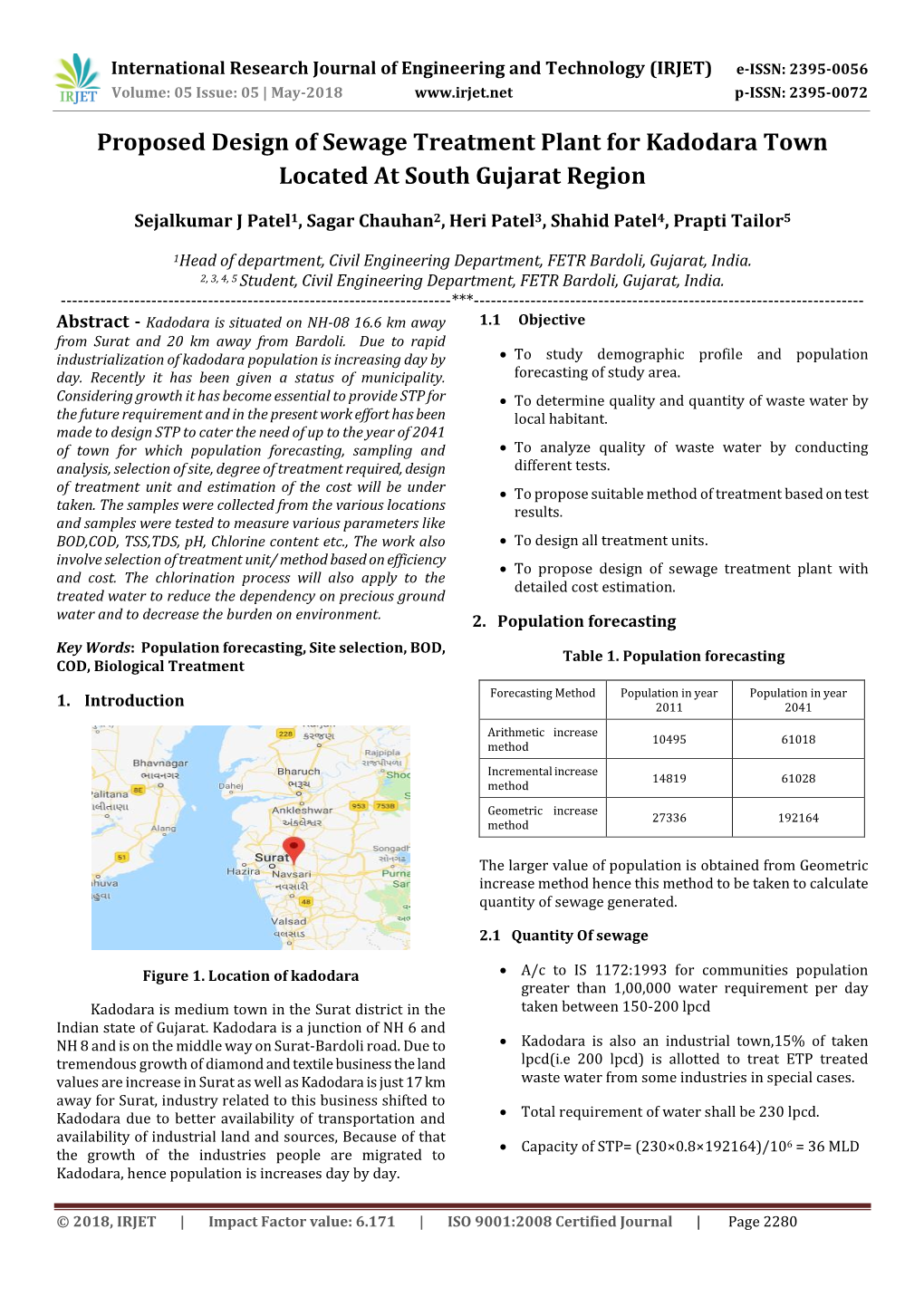 Proposed Design of Sewage Treatment Plant for Kadodara Town Located at South Gujarat Region