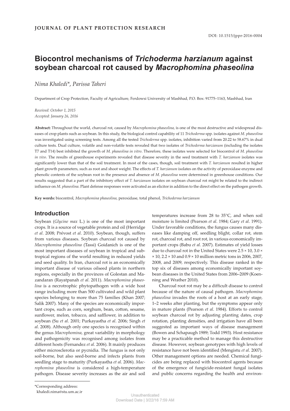 Biocontrol Mechanisms of Trichoderma Harzianum Against Soybean Charcoal Rot Caused by Macrophomina Phaseolina