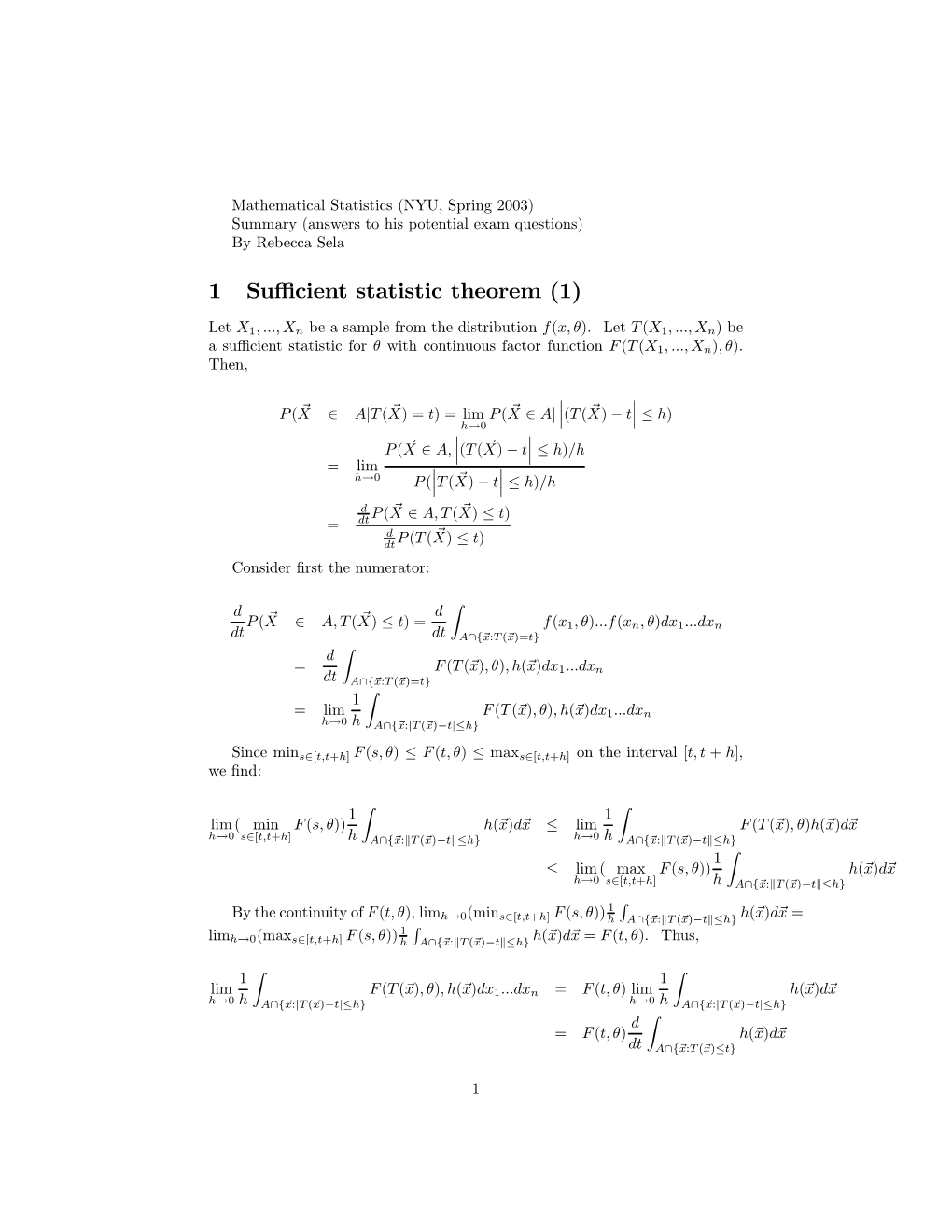 1 Sufficient Statistic Theorem