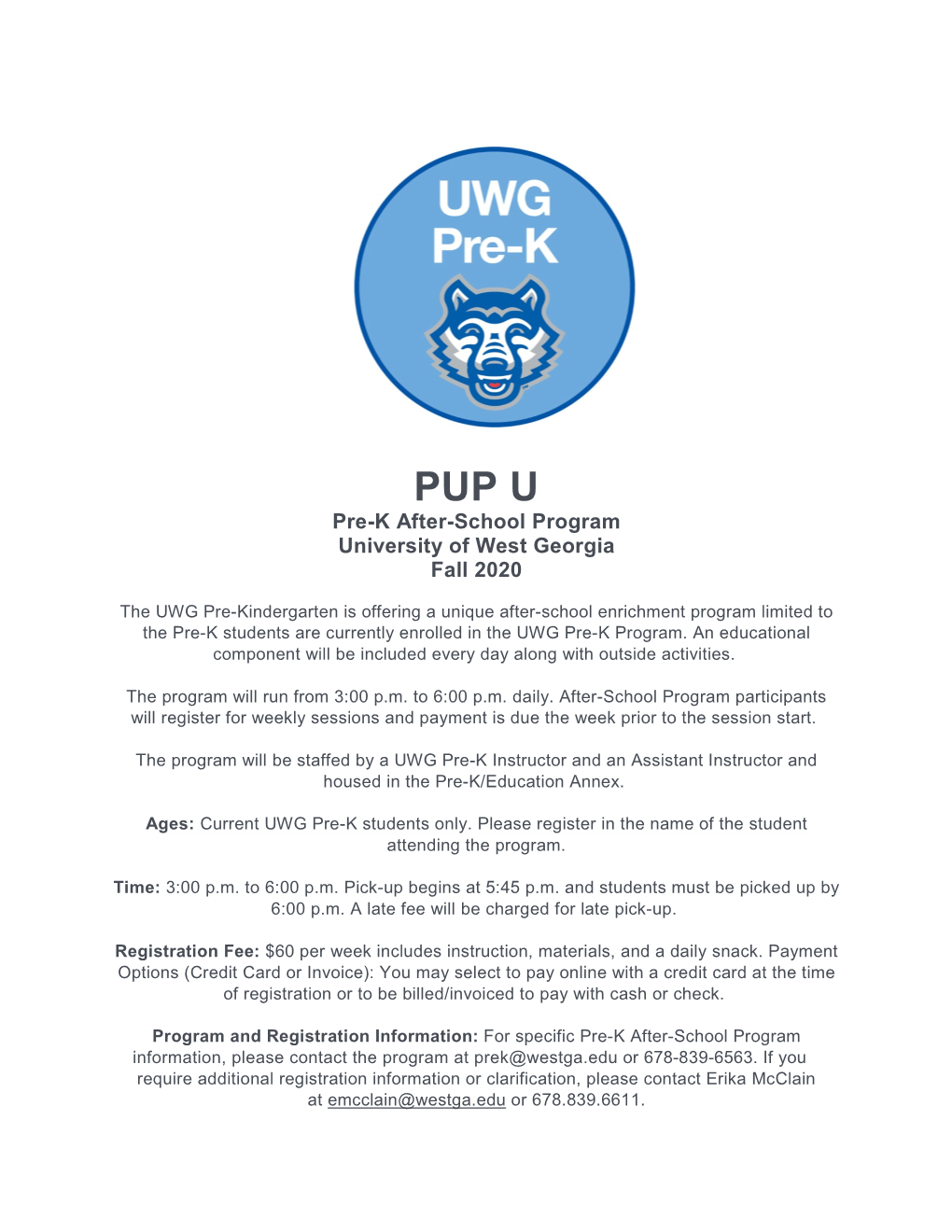 Pre-K After-School Program University of West Georgia Fall 2020