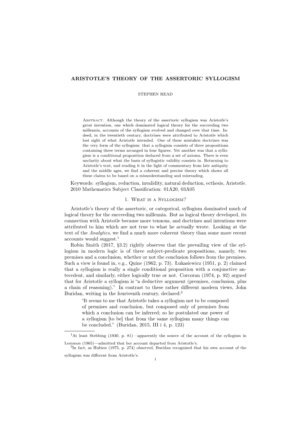 ARISTOTLE's THEORY of the ASSERTORIC SYLLOGISM Keywords