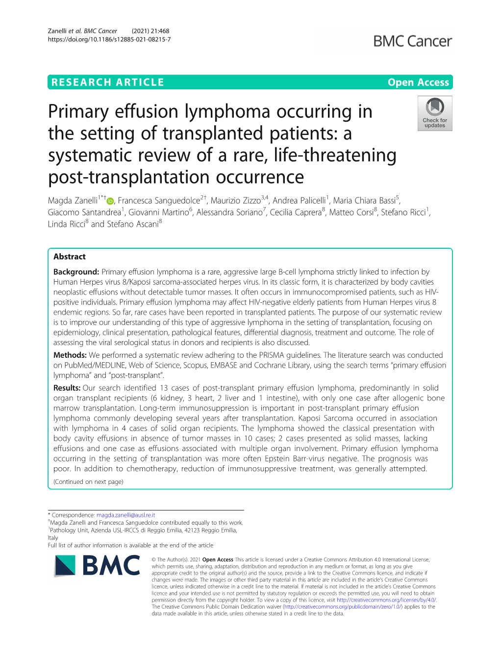 Primary Effusion Lymphoma Occurring in the Setting of Transplanted Patients