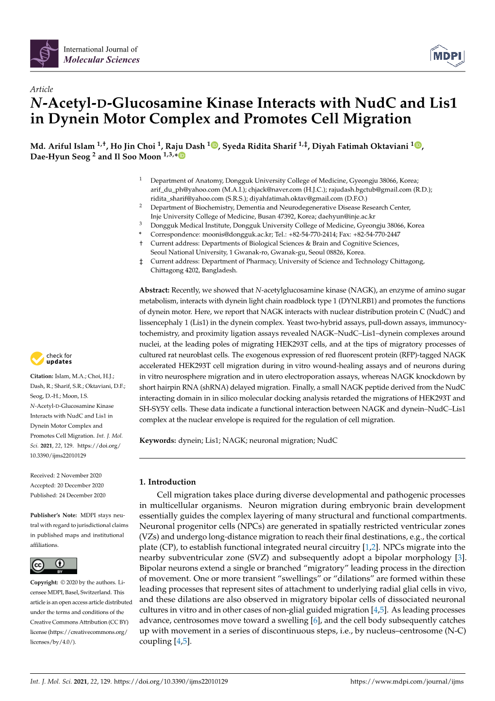 N-Acetyl-D-Glucosamine Kinase Interacts with Nudc and Lis1 in Dynein Motor Complex and Promotes Cell Migration