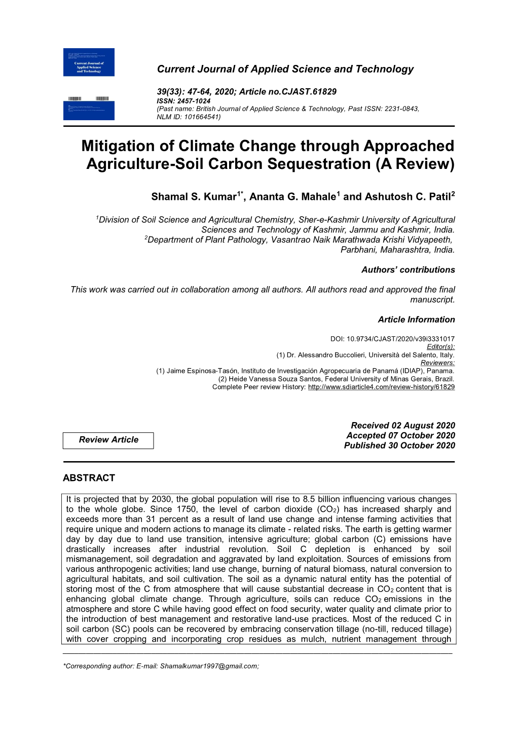 Mitigation of Climate Change Through Approached Agriculture-Soil Carbon Sequestration (A Review)