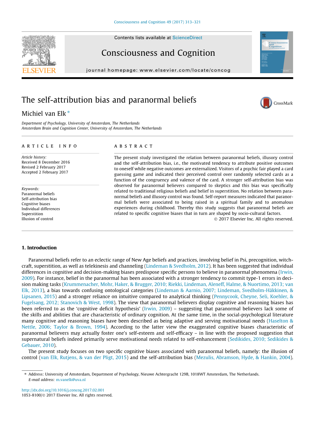 The Self-Attribution Bias and Paranormal Beliefs ⇑ Michiel Van Elk