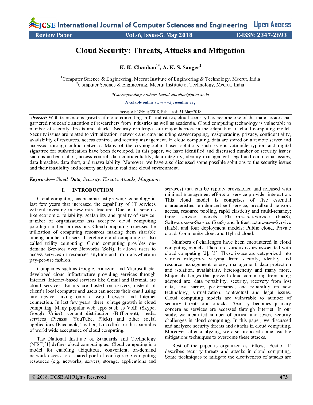 International Journal of Computer Sciences and Engineering Open Access Cloud Security: Threats, Attacks and Mitigation