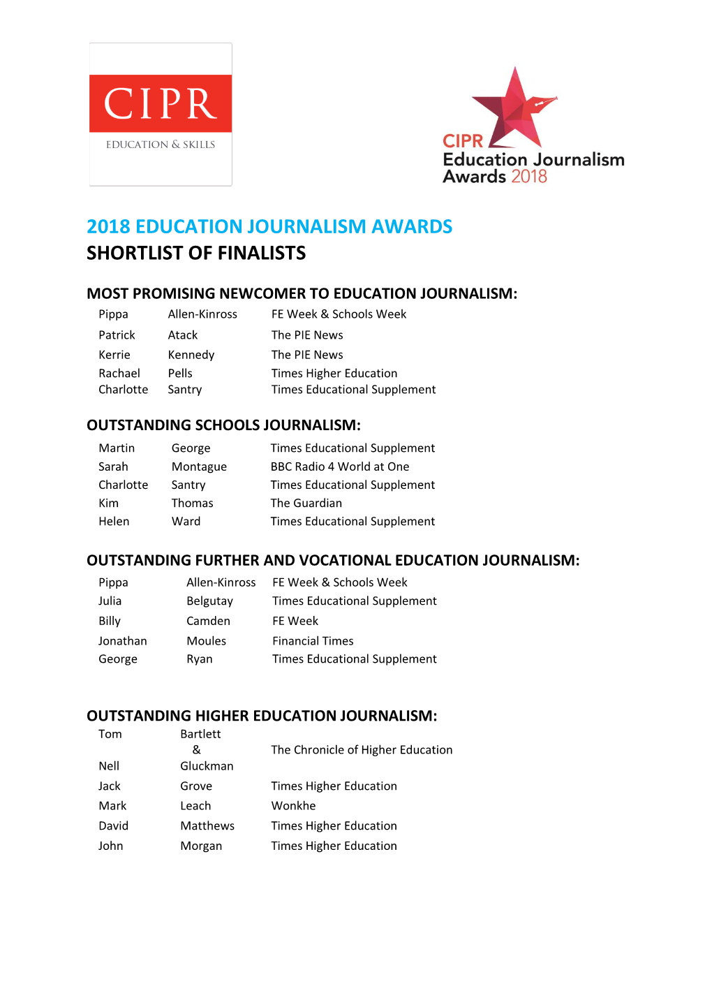 2018 Education Journalism Awards Shortlist of Finalists
