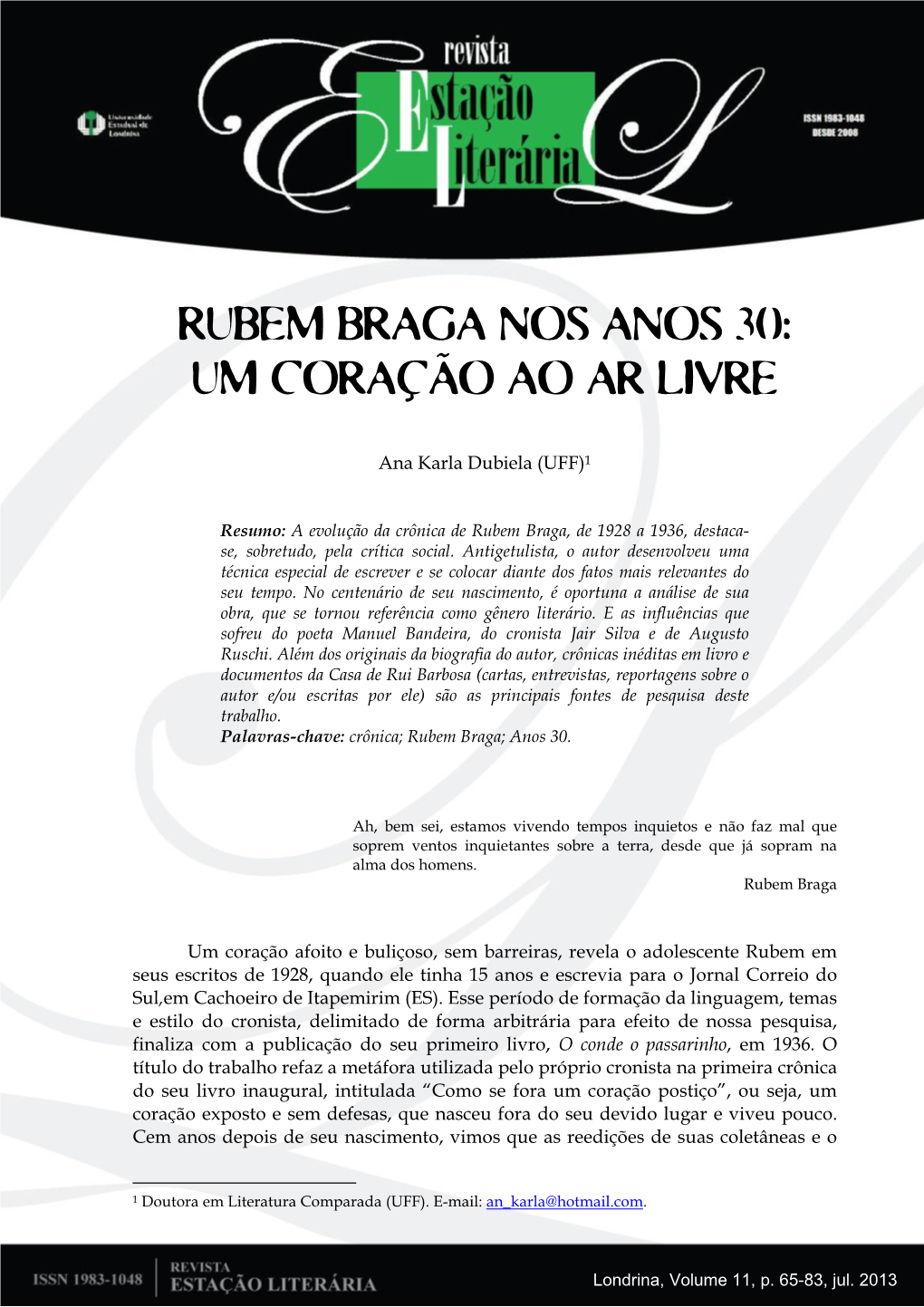 Rubem Braga Nos Anos 30: Um Coração Ao Ar Livre