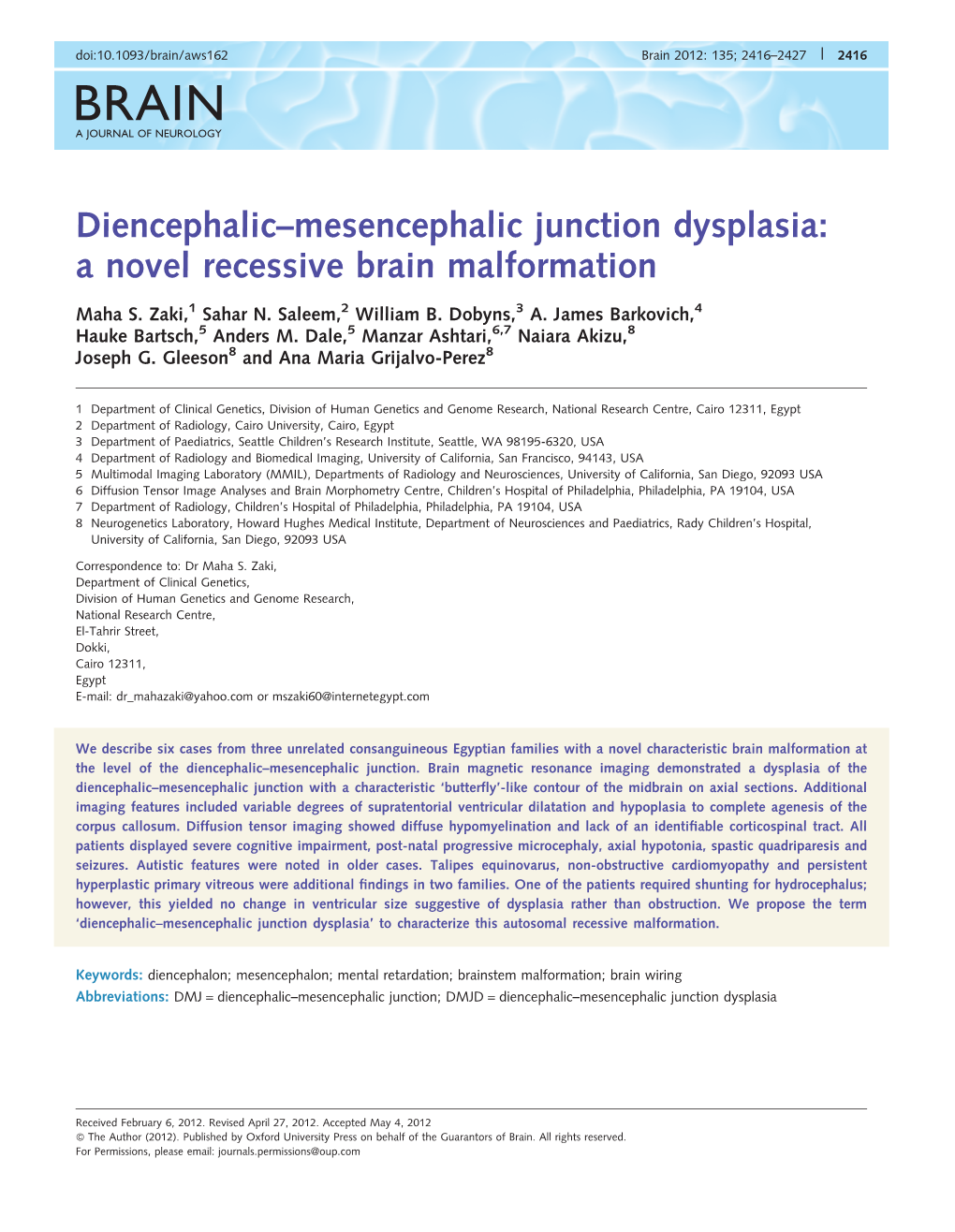 Diencephalic–Mesencephalic Junction Dysplasia: a Novel Recessive Brain Malformation